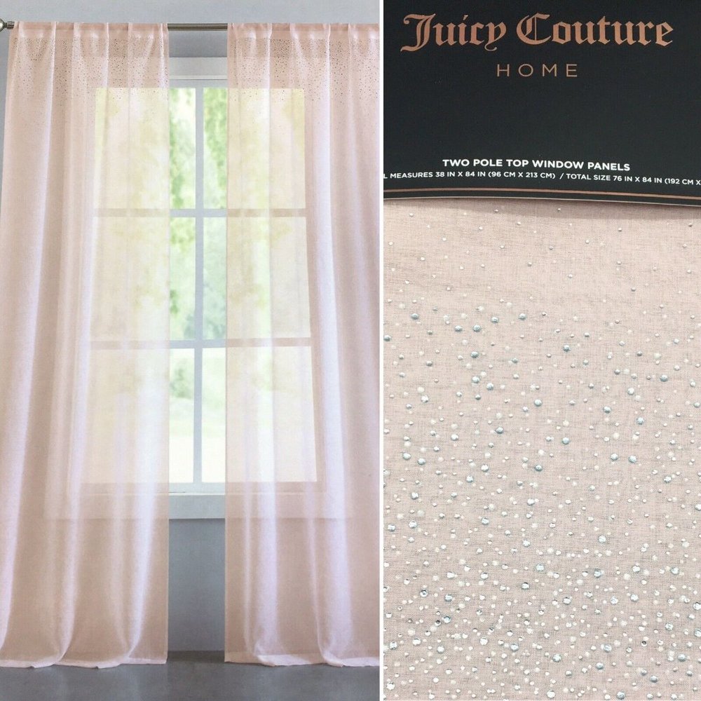 2 Juicy Couture Rhinestone Dusty Pink Mauve Sheer Window Panels Curtain 76x84